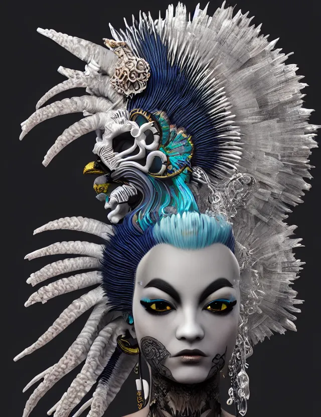 Image similar to 3 d goddess close - up profile portrait punk with mohawk with ram skull. beautiful intricately detailed japanese crow kitsune mask and clasical japanese kimono. betta fish, jellyfish phoenix, bio luminescent, plasma, ice, water, wind, creature, artwork by tooth wu and wlop and beeple and greg rutkowski