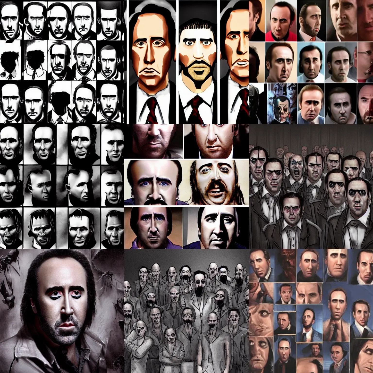 Prompt: a dark room full of sinister evil clones of nicolas cage. highly detailed