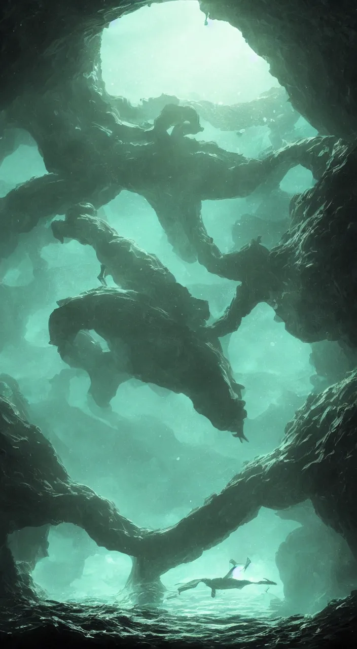 Image similar to Underwater luminescent cave with swimming Leviathan floating diver, eerie, lovecraftian, moody, concept art, cinematic