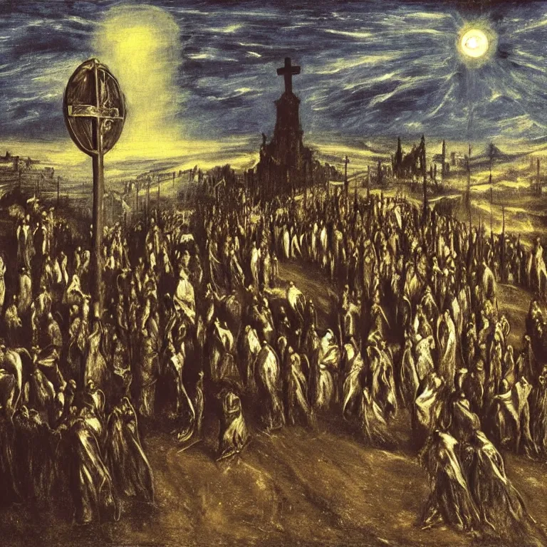 Image similar to A Holy Week procession of souls in a Spanish landscape at night. A figure at the front holds a cross. El Greco, Remedios Varo, Salvador Dali, Carl Gustav Carus, John Atkinson Grimshaw. Blue tint.