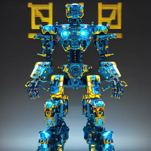 Image similar to a intricate ornate boxing humanoid mecha, punk, by war robots, real steel ( 2 0 1 1 ), westworld and pacific rim movie and ps 5 game machine warrior 5, cryengine, frostbite 3 engine, blue and yellow scheme, sharp focus, 8 k, high definition, insanely detailed, soft lighting, smooth face