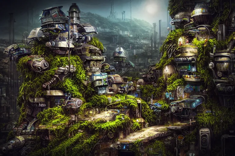 Prompt: sci - fi favela sculpture, fantasy jungle environment, industrial factory, cliffs, gloomy, milky way, award winning art, epic dreamlike fantasy landscape, ultra realistic,