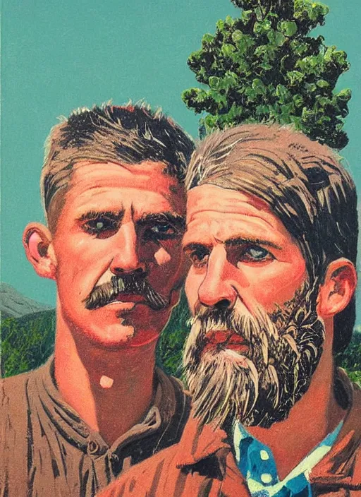 Image similar to an extreme close - up portrait of a man and his brother in a scenic representation of mother nature and the meaning of life by billy childish, thick visible brush strokes, shadowy painting by beal gifford, vintage postcard illustration, minimalist cover art by mitchell hooks