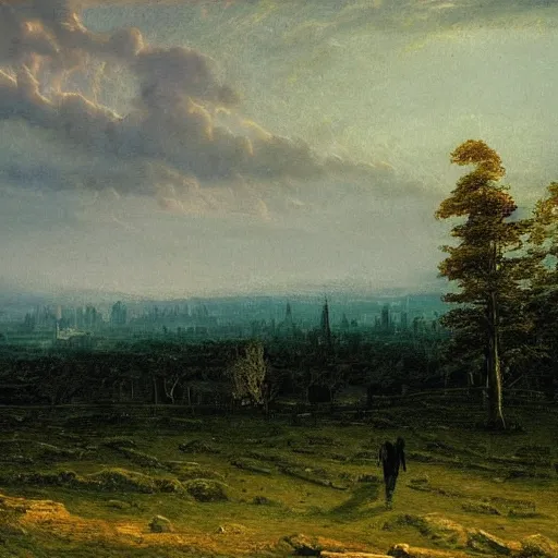 Prompt: city, distant valley, trees, night, dramatic light, oil painting, by caspar david friedrich