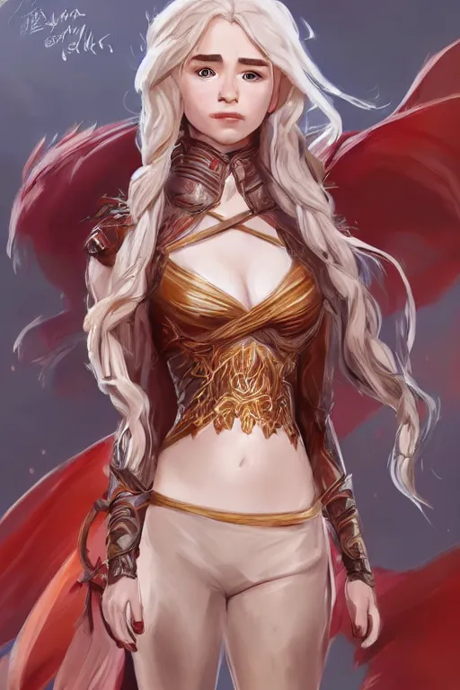 Prompt: Emilia Clarke wearing Yang Xiao Long outfit from Rwby, cute, fantasy, intricate, elegant, highly detailed, digital painting, 4k, HDR, concept art, smooth, sharp focus, illustration, art by artgerm