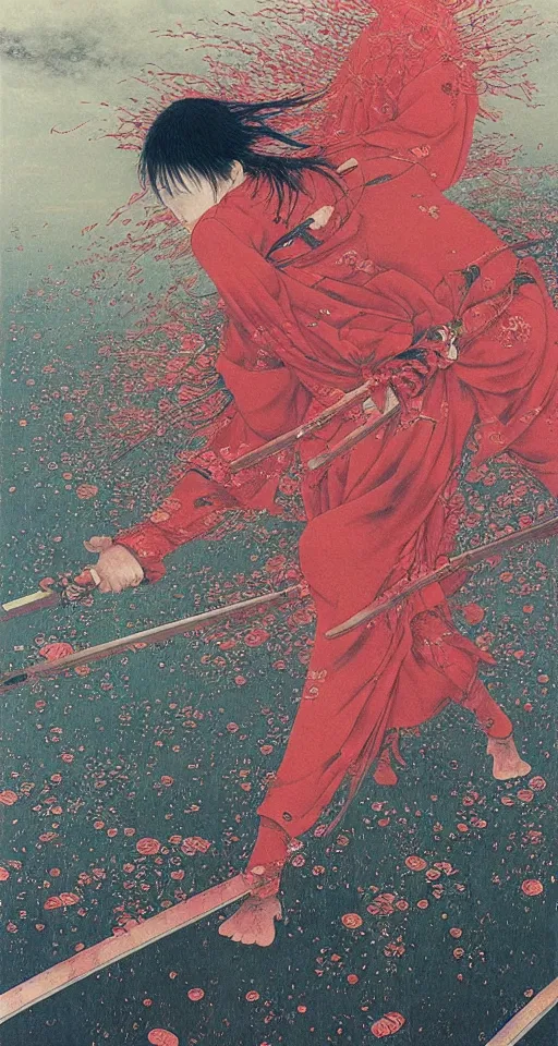 Prompt: Japanese schoolgirl runs away from Samurai with a katana on the subway, high detailed Beksinski painting, part by Adrian Ghenie and Gerhard Richter. art by Takato Yamamoto. masterpiece, deep colours, red