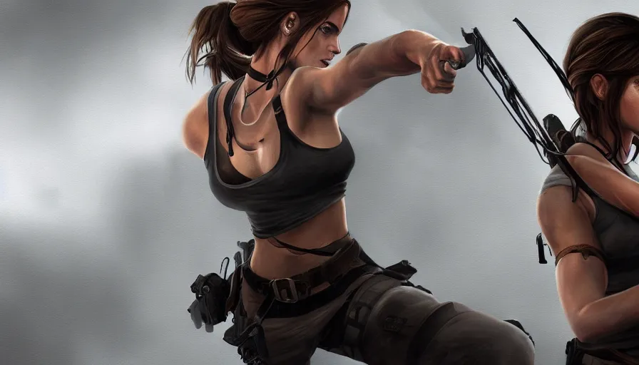 Prompt: Digital painting of Emma Watson as Lara Croft, hyperdetailed, artstation, cgsociety, 8k