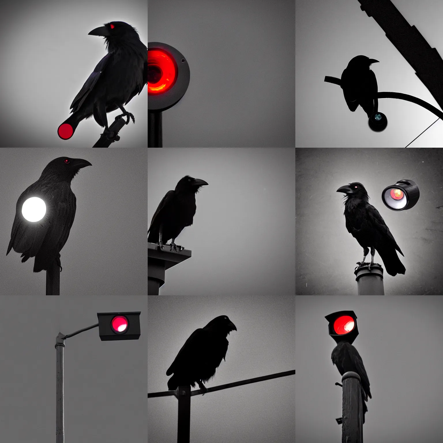 Image similar to ominous dark perched crow with glowing red surveillance camera lens for an eye (detailed realistic photograph) (gritty atmosphere)