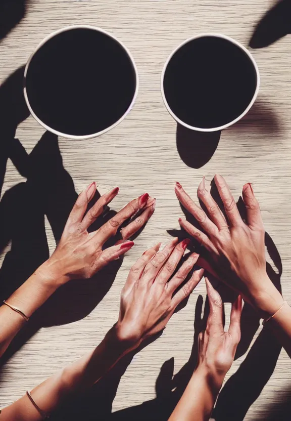 Image similar to an instagram photo of two ultra detailed woman's palms lying on the table, instagram photo, studio photo