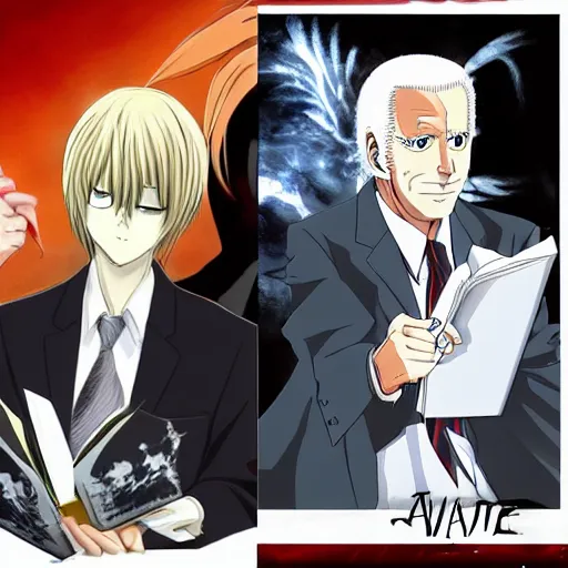 Image similar to biden deathnote anime, anime style, holding black notebook