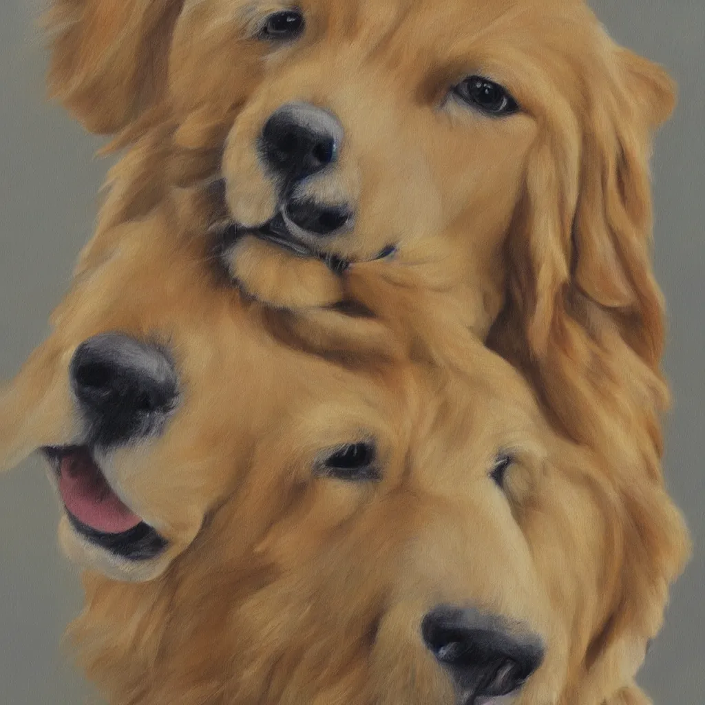 Prompt: A painting of a single happy golden retriever dog with detailed fur, portrait