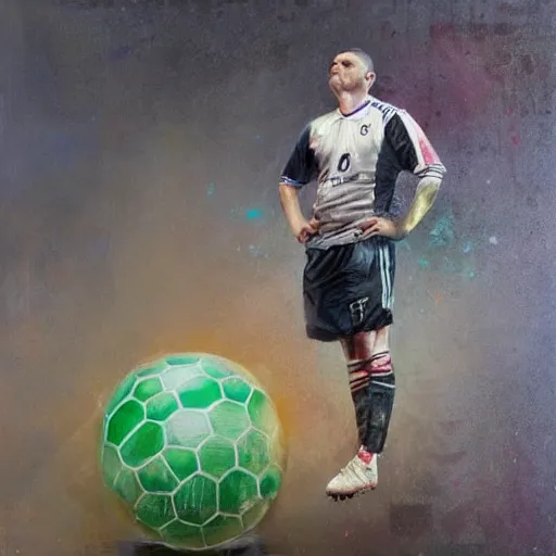 Image similar to A realistic hyperdetailed multi-colored digital oil full body portrait painting of an obese goal keeper on his knees holding a soccer ball up to the sky in the style of Guy Denning, Ruan Jia, and Craig Mullins. Trending on ArtStation and DeviantArt. CGSociety Digital art.