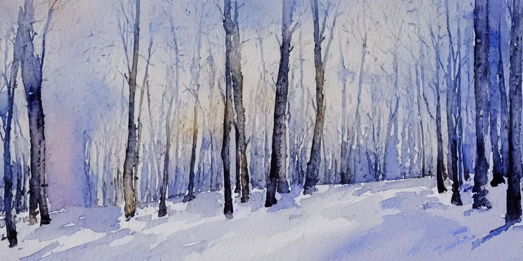 Image similar to a watercolor painting of trees in the snow by eero snellman, pixabay contest winner, modern european ink painting, watercolor, impressionism, painterly