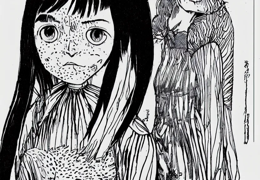 Prompt: beautiful little girl with a short black haircut wearing a dress made of black feathers, artwork in junji ito art style, anatomically perfect