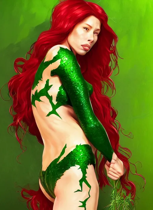 Image similar to jessica biel as poison ivy, action pose, character concept art, trending on artstation, red hair, highly detailed, high quality, digital painting, alena aenami, lilia alvarado, shinji aramaki, karol bak, alphonse mucha, tom bagshaw