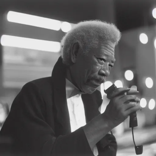 Image similar to a 1970s film still of Morgan Freeman dressed as a funk singer, 40mm lens, shallow depth of field, split lighting