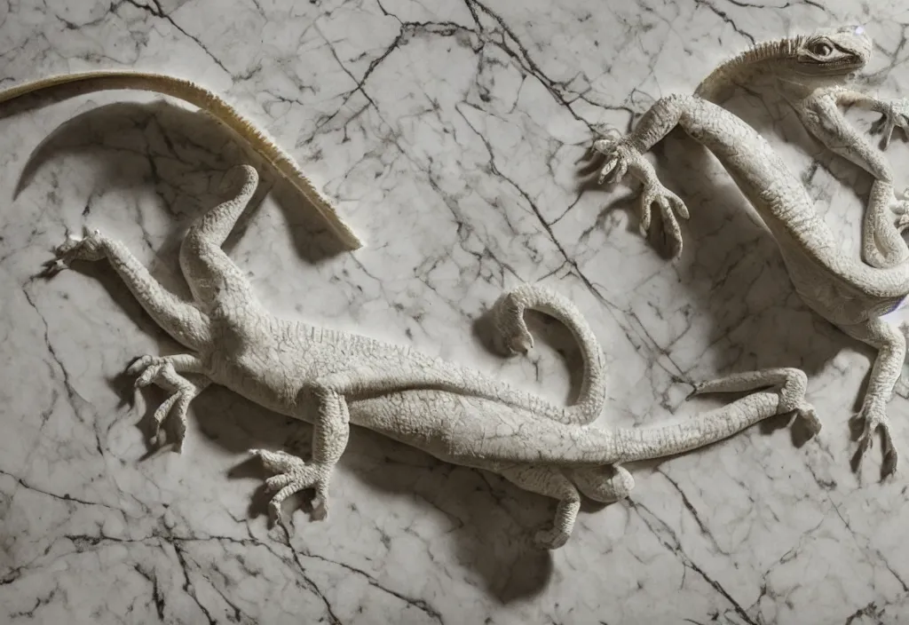 Image similar to photograph of a sculpture on marble white of a iguana , made from Gian Lorenzo Bernini, artstation, hyper realistic, drammatic light