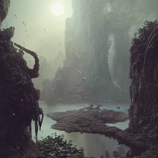 Image similar to kodak portra 8 0 0, infinitely detailed hd scenery ambience from nier automata, dream design, relief concept, majestic dream scenery smooth, sharp focus, an ultrafine detailed illustration by james jean, intricate linework, octane render, by ruan jia and nier automata detailed cybermagic atmospherics