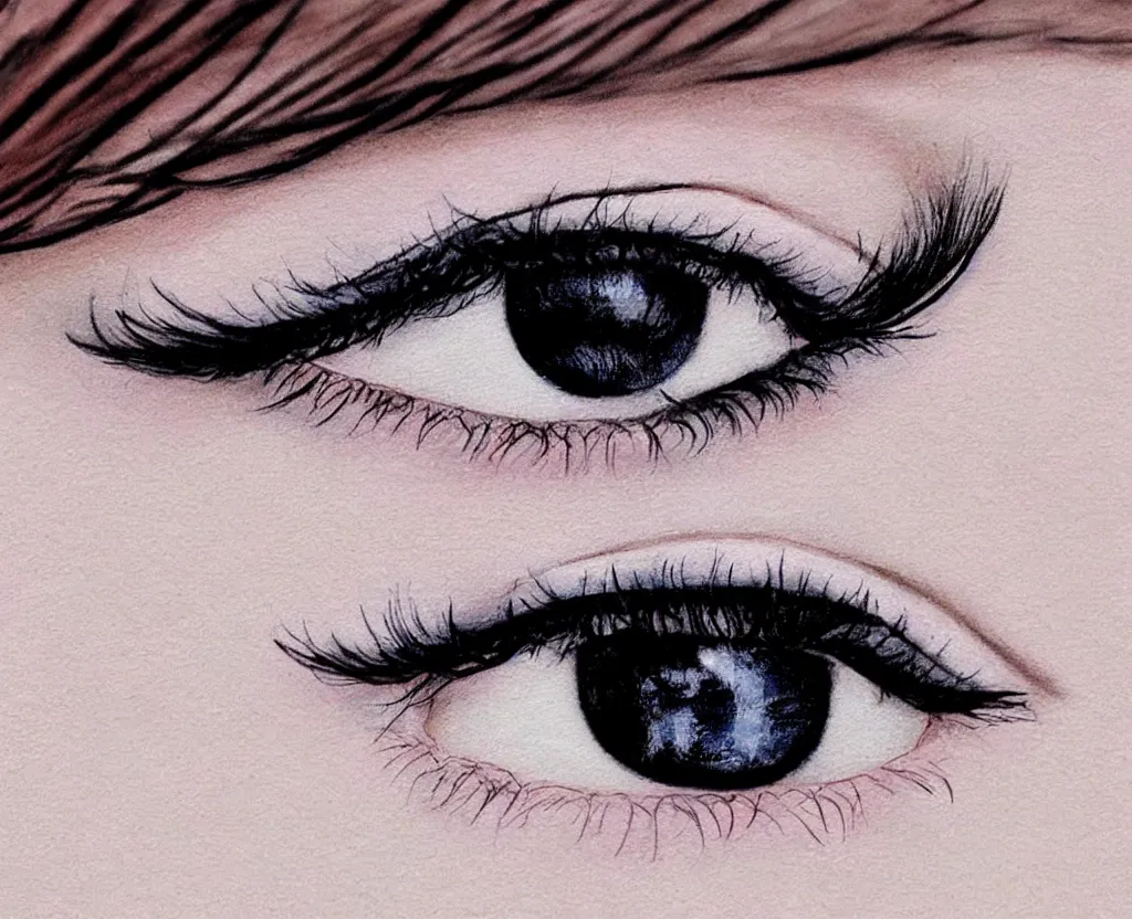 Image similar to realistic and detailed soft airbrush of female eye with eyeliner and long lashes on white background, inspired by 8 0's airbrush illustrations, art by masao saito