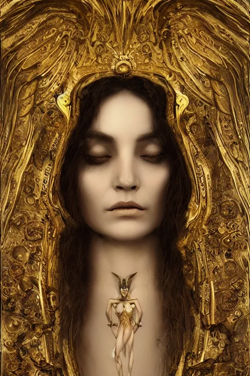 Image similar to concept art, angel woman, beautiful, frank frazetta, ornate, art nouveau, symmetrical, gold jewelry, high contrast, unbiased render, Emil melmoth, eerie, haunting, victorian, 8k, octane render, style of Gustav Klimt, head and shoulders