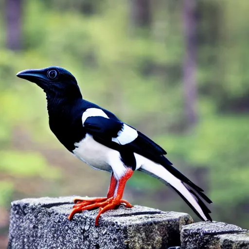 Prompt: Magpie sitting on a cobble wall, talking to a large group of frogs down below, forest background, storybook