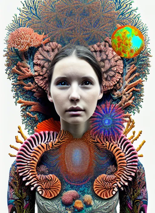 Prompt: ridiculously beautiful young woman tripping, psychedelics, nature, coral, birds, symmetrical, in the style of ernst haeckel, effervescent, warm, hyperrealism, photo realistic, epic and cinematic,