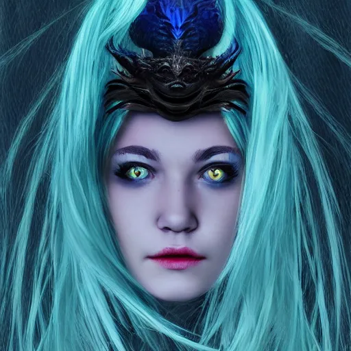 Prompt: portrait of young girl half dragon half human, Dragon skin, Dragon eyes, Dragon crown, Blue hair, Long hair, by David Lynch