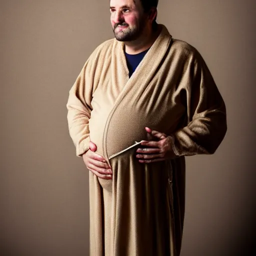 Prompt: richard iv the roman king, excited real human wearing beige bathrobe, soft studio lighting, sigma lens photo, he is dancing and has pregnancy belly