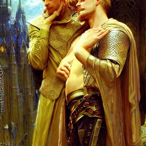 Image similar to handsome arthur pendragon in love with handsome merlin the mage. merlin is also in love with arthur. highly detailed painting by gaston bussiere, craig mullins, j. c. leyendecker