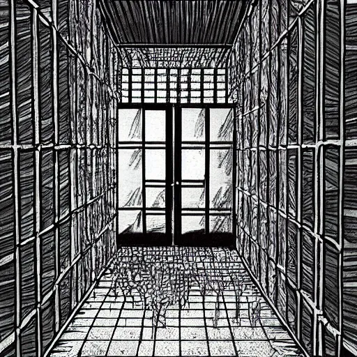 Prompt: “the inside of a huge white building with with many doors and stairs, confusing, creepy, doors, strange dimensions, anime style, detailed background, by Junji Ito”