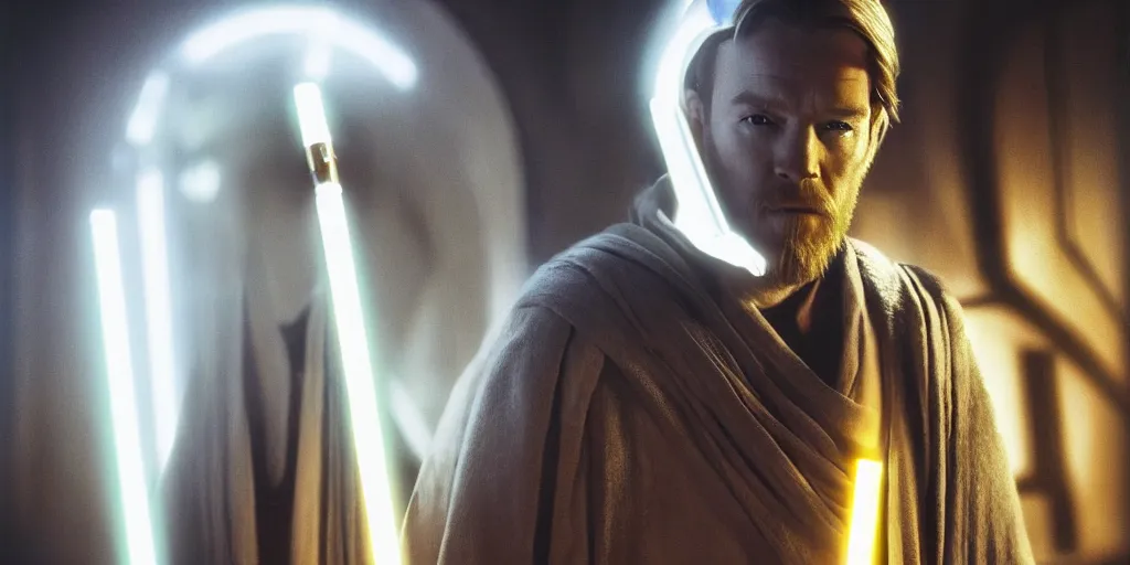 Image similar to obi wan kenobi ewan mcgregor tv show, art by luke mcmullan, lighting, illumination, clear, painting, art, futuristic, raytracting, dark, contrast, sharp focus, smooth, environment, star wars