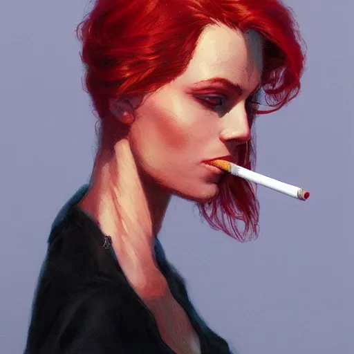 Image similar to a beautiful artwork portrait of a woman with white shirt and red hair smoking a cigarette by Jerome Opeña, featured on artstation