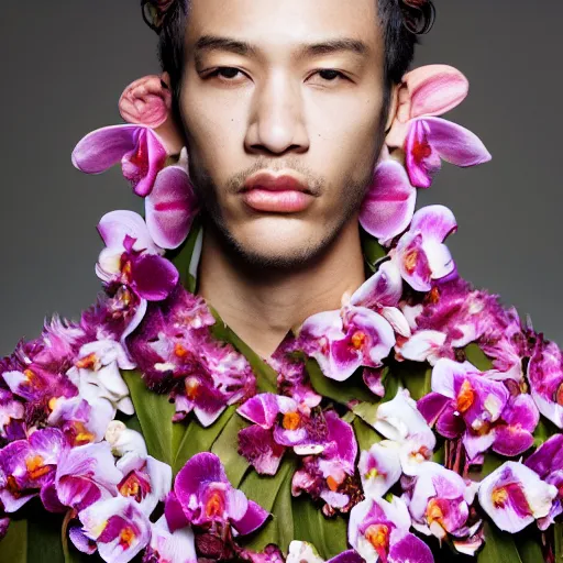 Prompt: a portrait of a beautiful young male wearing an alexander mcqueen croptop made of orchids , photographed by andrew thomas huang, artistic