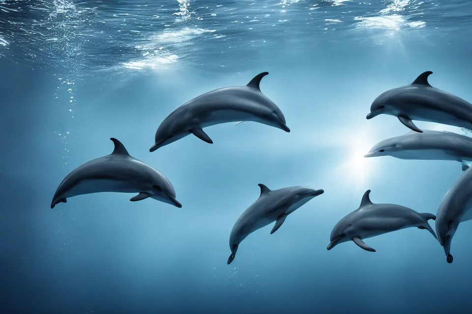 Prompt: dolphin pod underwater, light streaming through the ocean, HD nature photography, 4k