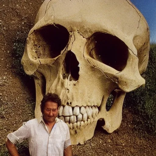 Image similar to Giant skull found at excavation site, an archaeologist stands next to the skull and is dwarfed by it, damaged 80s polaroid color photo