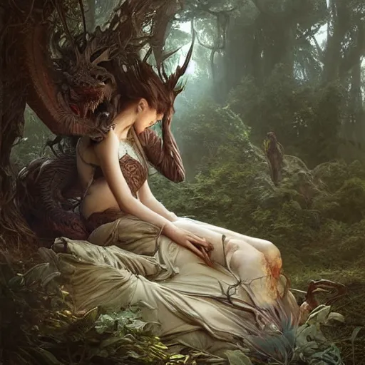 Image similar to a dragon sleeping in a forest, ultra realistic, concept art, intricate details, eerie, highly detailed, photorealistic, octane render, 8 k, unreal engine. art by artgerm and greg rutkowski and charlie bowater and magali villeneuve and alphonse mucha