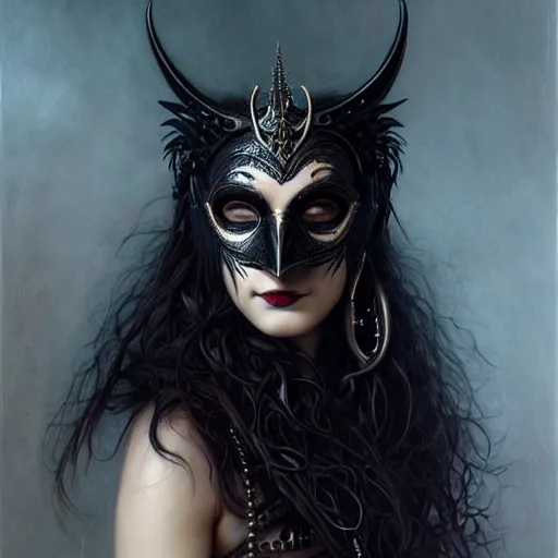 Image similar to portrait of a young woman in a raven masquerade mask, dark, piercing eyes, exotic expression, esoteric clothing, photorealistic, highly detailed, mysterious lighting, artstation, smooth, sharp focus, art by michael whelan, artgerm, greg rutkowski and luis royo