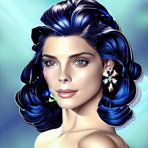 Prompt: Ashley Greene's face combined with Grace Kelly's face with short dark blue hair in elegant knight's armor, western, D&D, fantasy, intricate, elegant, highly detailed, digital painting, artstation, concept art, matte, sharp focus, illustration, art by Artgerm and Greg Rutkowski and Alphonse Mucha