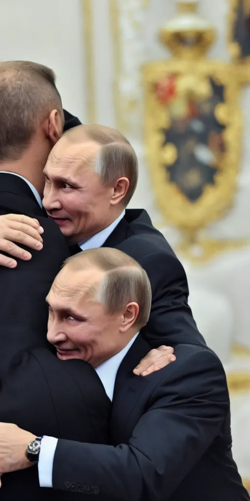 Prompt: Vladimir Putin gives Volodymyr Zelenskyy a warm and loving hug