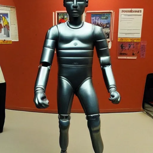 Image similar to “a realistic detailed photo of a guy who is an attractive humanoid who is half robot and half humanoid, who is a male android, American freestyle and folkstyle wrestler from Oklahoma Daton Fix, shiny skin, posing like a statue, blank stare, at college, on display”