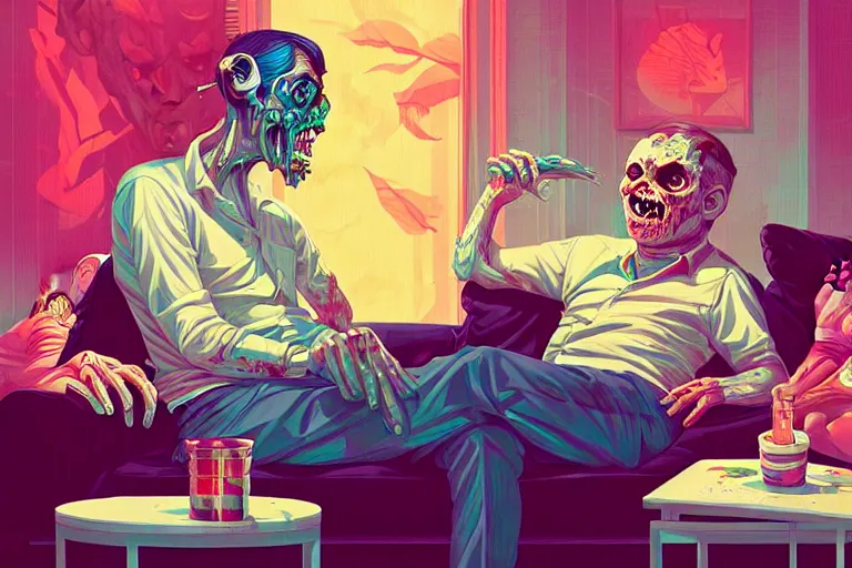 Image similar to a zombie dad sitting on the couch and watching tv, tristan eaton, victo ngai, artgerm, rhads, ross draws