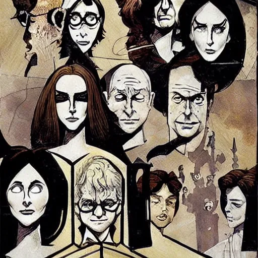 Prompt: in one frame Harry Potter with Sandman, symmetrical faces, beautiful faces, by Neil Gaiman, by Dave McKean, comics Sandman, small details, clear faces, high detail