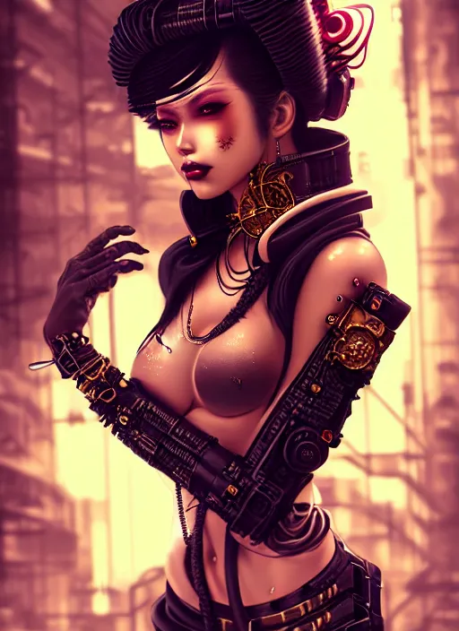 Image similar to soft lustrous ebony geisha seductive raver gutter punk steampunk cyborg, yakuza, golden ratio, details, scifi, fantasy, cyberpunk city, intricate, decadent, highly detailed, octane render, digital painting, artstation, concept art, sharp focus, illustration, art by artgerm, loish, wlop