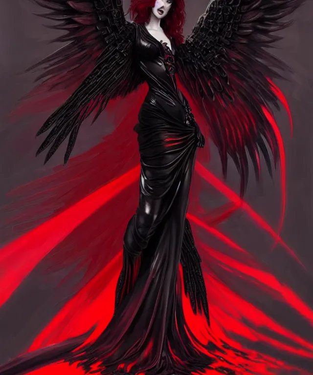 Image similar to Female dark angel in gothic red and black dress, their black wings are extended, highly detailed, digital painting, artstation, concept art, smooth, sharp focus, illustration, art by artgerm and greg rutkowski and alphonse mucha