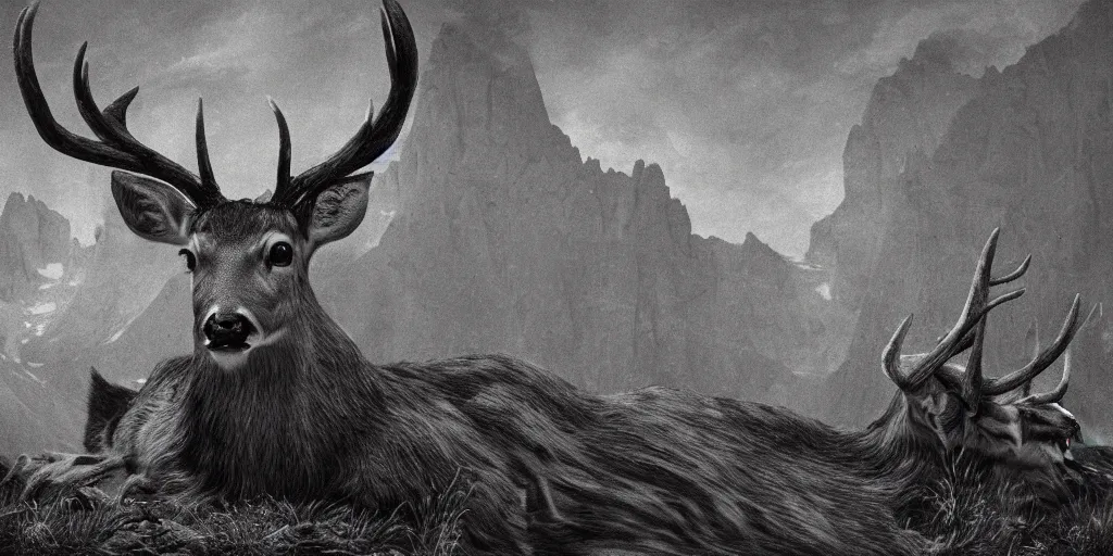 Image similar to rotting deer, dolomites, alpine, detailed intricate insanely detailed octane render, 8k artistic 1920s photography, photorealistic, black and white, chiaroscuro, hd, by David Cronenberg, Raphael, Caravaggio