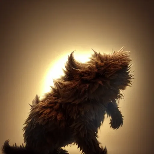 Image similar to full body pose, hyperrealistic photograph of a cute fuzzy goblin monster, dim volumetric lighting, 8 k, octane beautifully detailed render, extremely hyper detailed, intricate, epic composition, cinematic lighting, masterpiece, trending on artstation, very very detailed, stunning, hdr, smooth, sharp focus, high resolution, award, winning photo, dslr, 5 0 mm