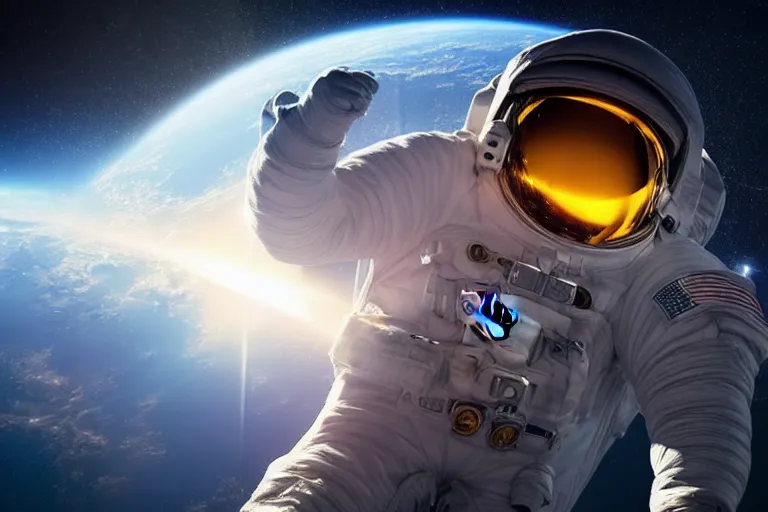 Image similar to astronaut in space wearing a spacesuit floating, earth explosion in background, highly detailed, photorealistic portrait, bright studio setting, studio lighting, crisp quality and light reflections, unreal engine 5 quality render