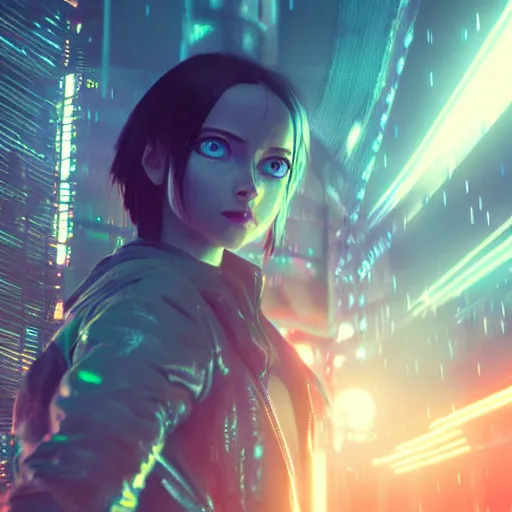 Image similar to « glowing neon lights, sunrise, cyberpunk, alita battle angel, blade runner, rainy, cold, clouds, far view, photorealistic, unreal engine 5, attractive girl sharp focus »