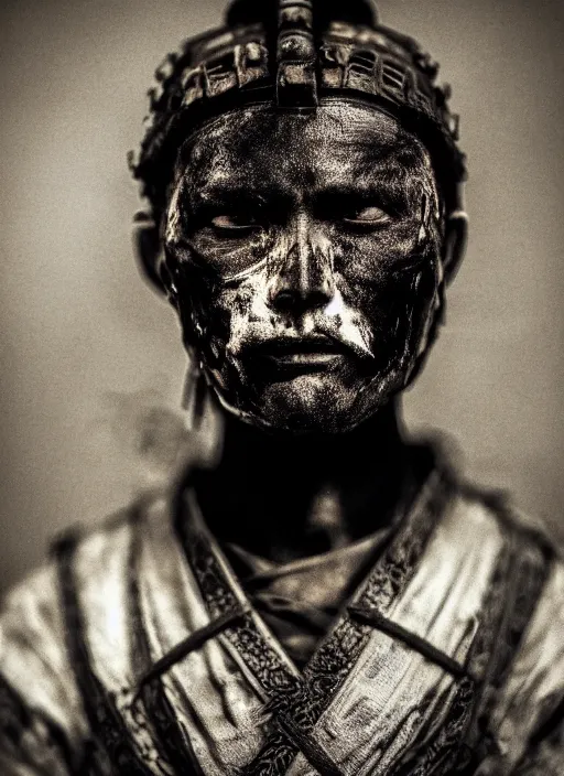 Image similar to samurai portrait photo, wearing all black mempo mask, after a battle, war scene, dirt and unclean, extreme detail, cinematic, dramatic lighting render, extreme photorealism photo by national geographic, paolo roversi, masterpiece