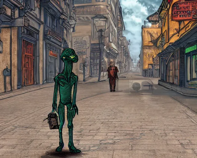 Image similar to digital artwork of humanoid alien walking along a steampunk style city street